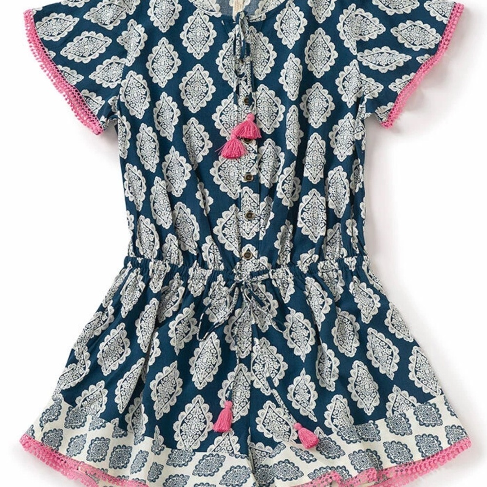 Matilda Jane Blue and White Jumpsuit with Pink Accents - Picture 2 of 5